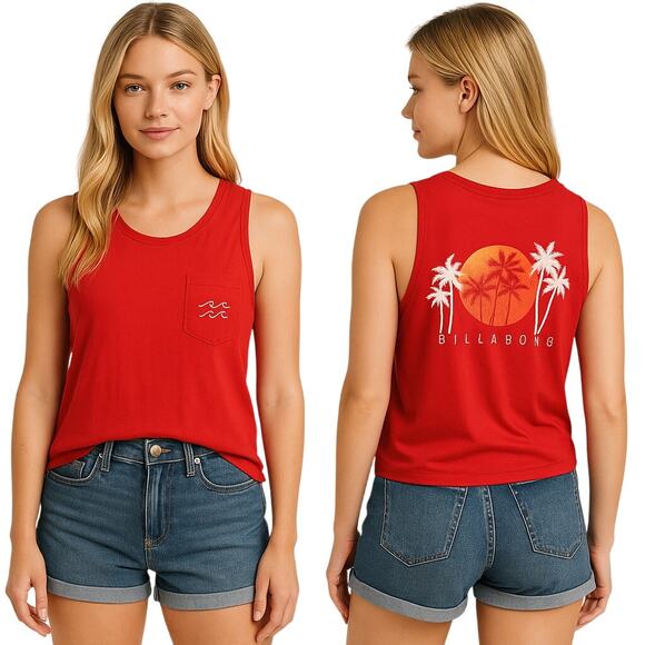 Billabong Women's XS Red Graphic Tank Top Sleeveless Palm Tree Wave Graphics - Picture 1 of 5